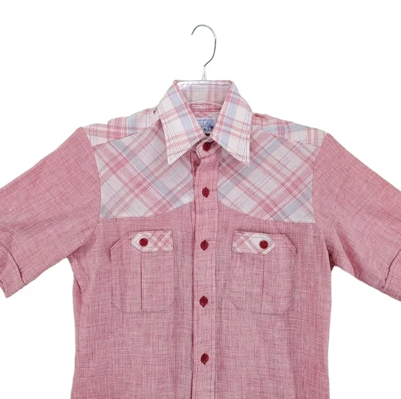 Vtg 60s Shirt Men S 14 14.5 Button Up SS Solid Plaid Western H.I.S. 2 Pocket - Picture 4 of 13